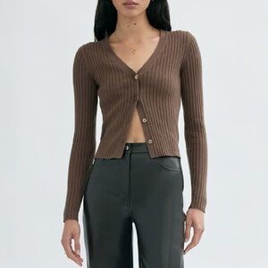 Aritzia Wilfred Manila cardigan M brown wool cotton ribbed button front sweater